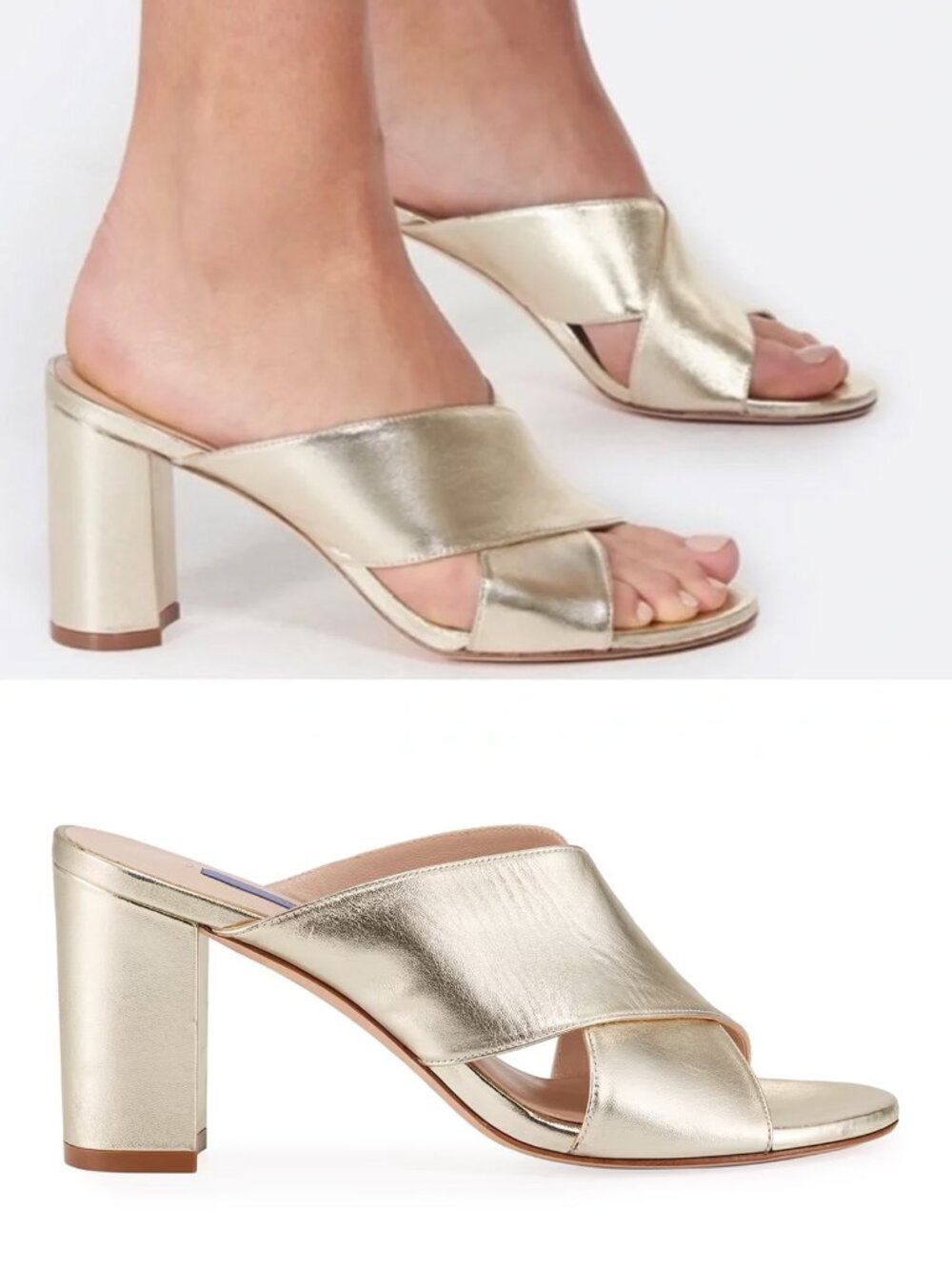 Stuart Weitzman Galene Gold Metallic Crisscross Block Heel Mules Sandal 6.5 $425